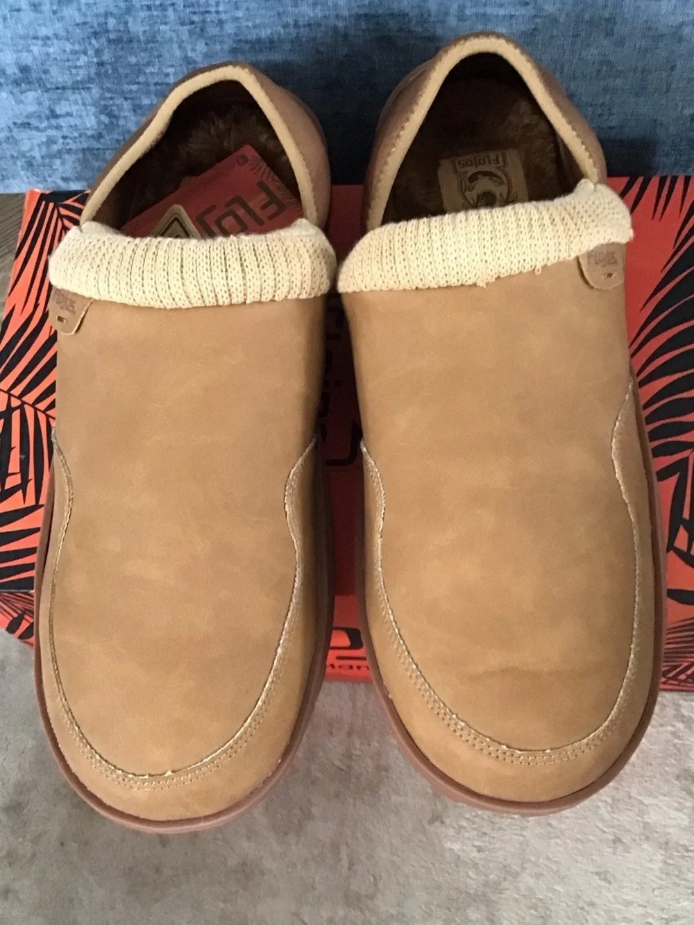 Flojos Men’s Carl Sherpa Lined Slip-On Loafers in Brown with Cream Knit Collar